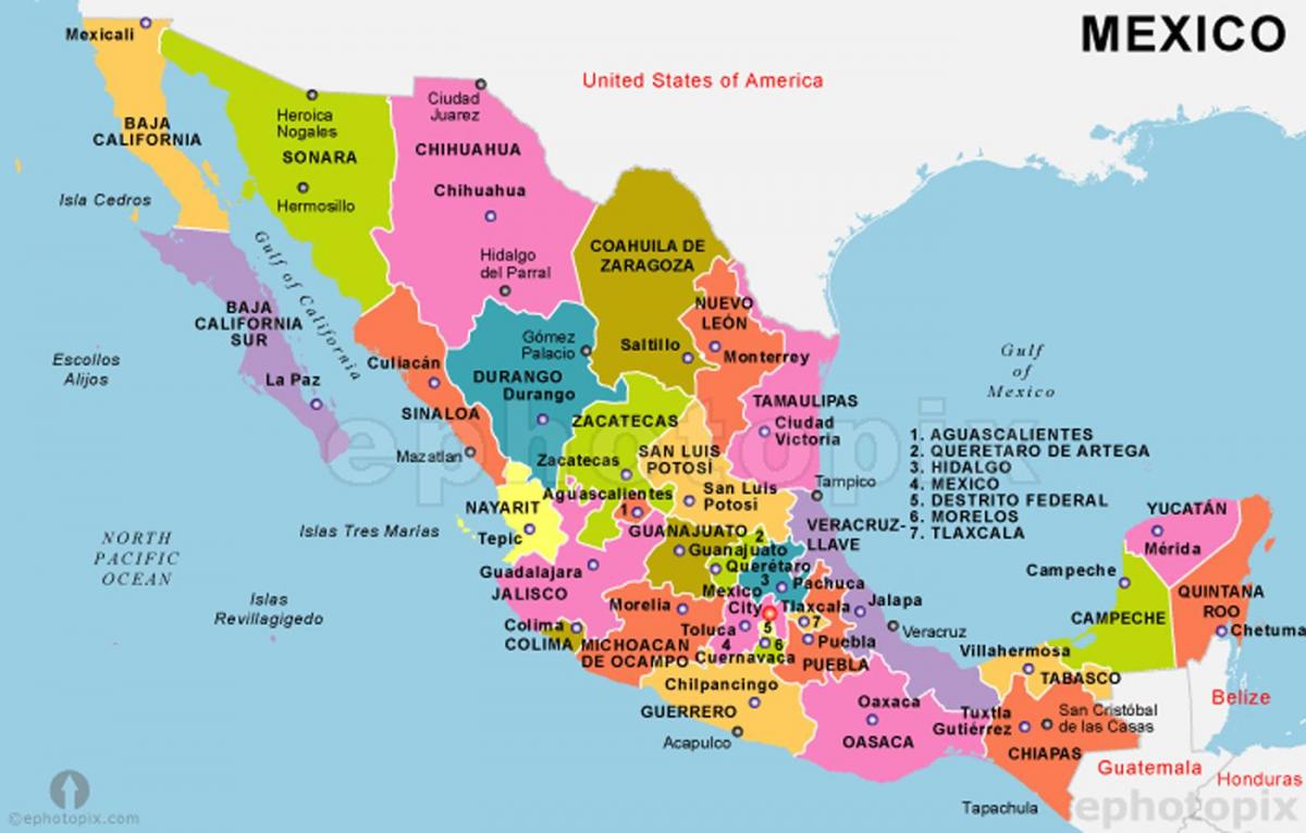 Мексико мапа држава и главних градова